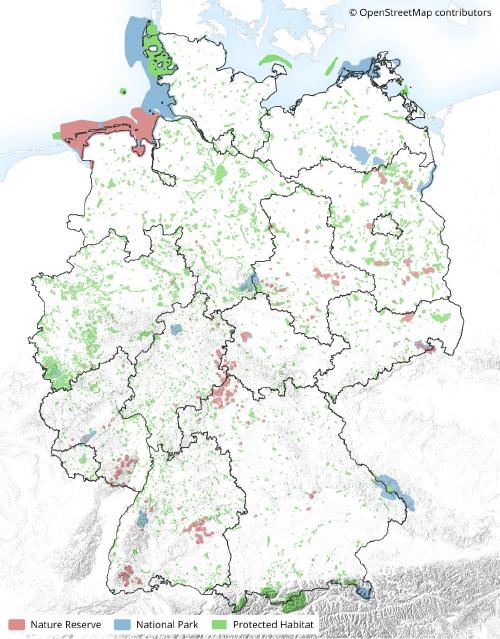 Protected areas in Germany according to data from OpenStreetMap.